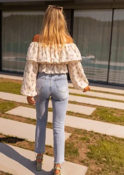 Fashion Blouse Paola beige et mauve à fleurs | Blouse col bardot | Prêt-à-porter en ligne | Easy Clothes Femme Chemisiers & Blouses