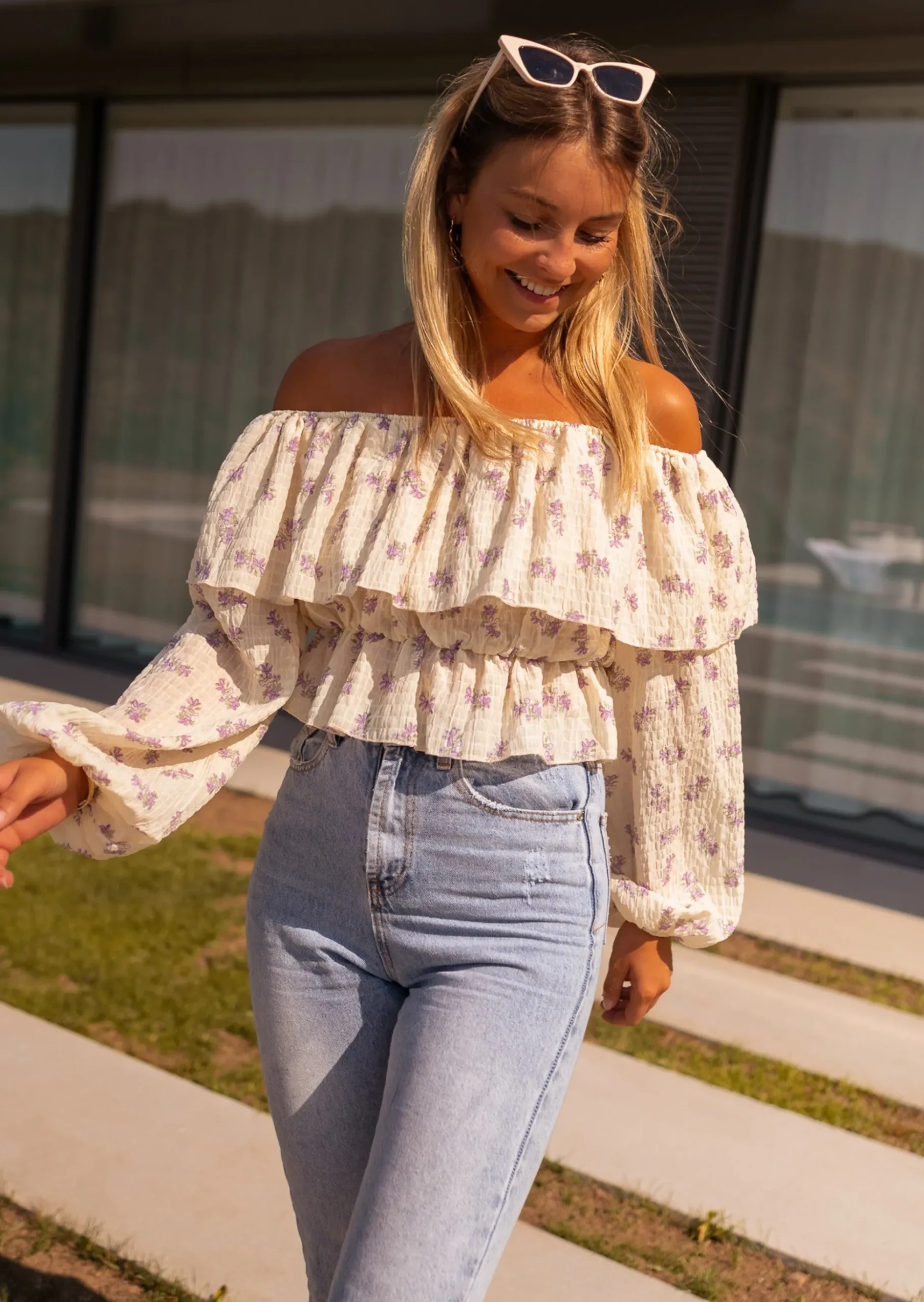 Fashion Blouse Paola beige et mauve à fleurs | Blouse col bardot | Prêt-à-porter en ligne | Easy Clothes Femme Chemisiers & Blouses