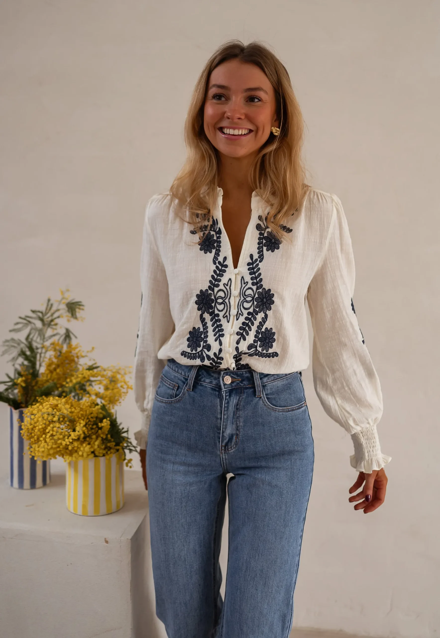 Fashion Blouse Salomé - Écrue & Bleue - BroderieEasy Clothes Femme Chemisiers & Blouses