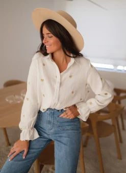 Outlet Chemise Vicky - blanche à coeurs dorésEasy Clothes Femme Chemisiers & Blouses