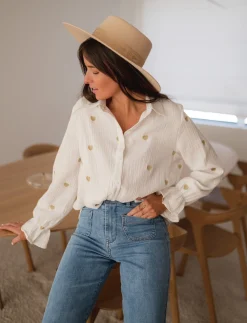 Outlet Chemise Vicky - blanche à coeurs dorésEasy Clothes Femme Chemisiers & Blouses