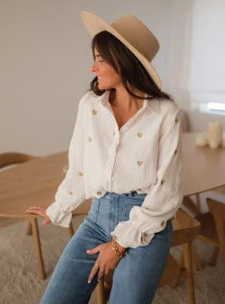 Outlet Chemise Vicky - blanche à coeurs dorésEasy Clothes Femme Chemisiers & Blouses