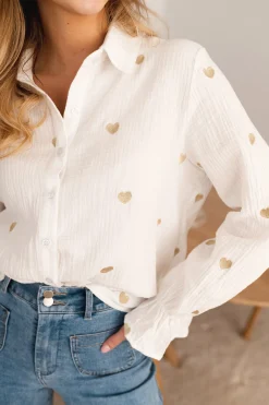 Outlet Chemise Vicky - blanche à coeurs dorésEasy Clothes Femme Chemisiers & Blouses