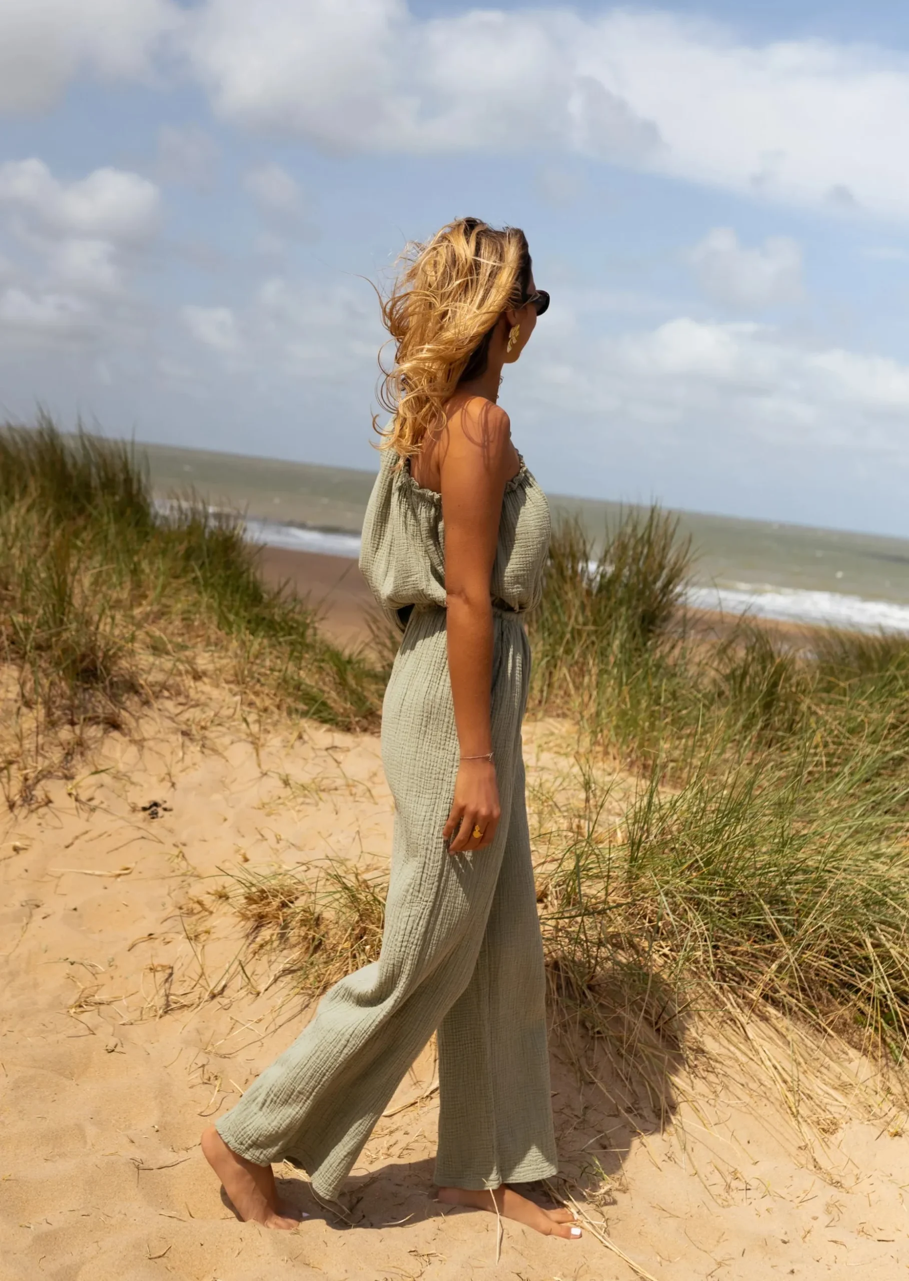 Sale Combinaison Amadéo kaki en gaze de coton | Combinaison uni manche | Prêt-à-porter en ligne | Easy Clothes Femme Combinaisons