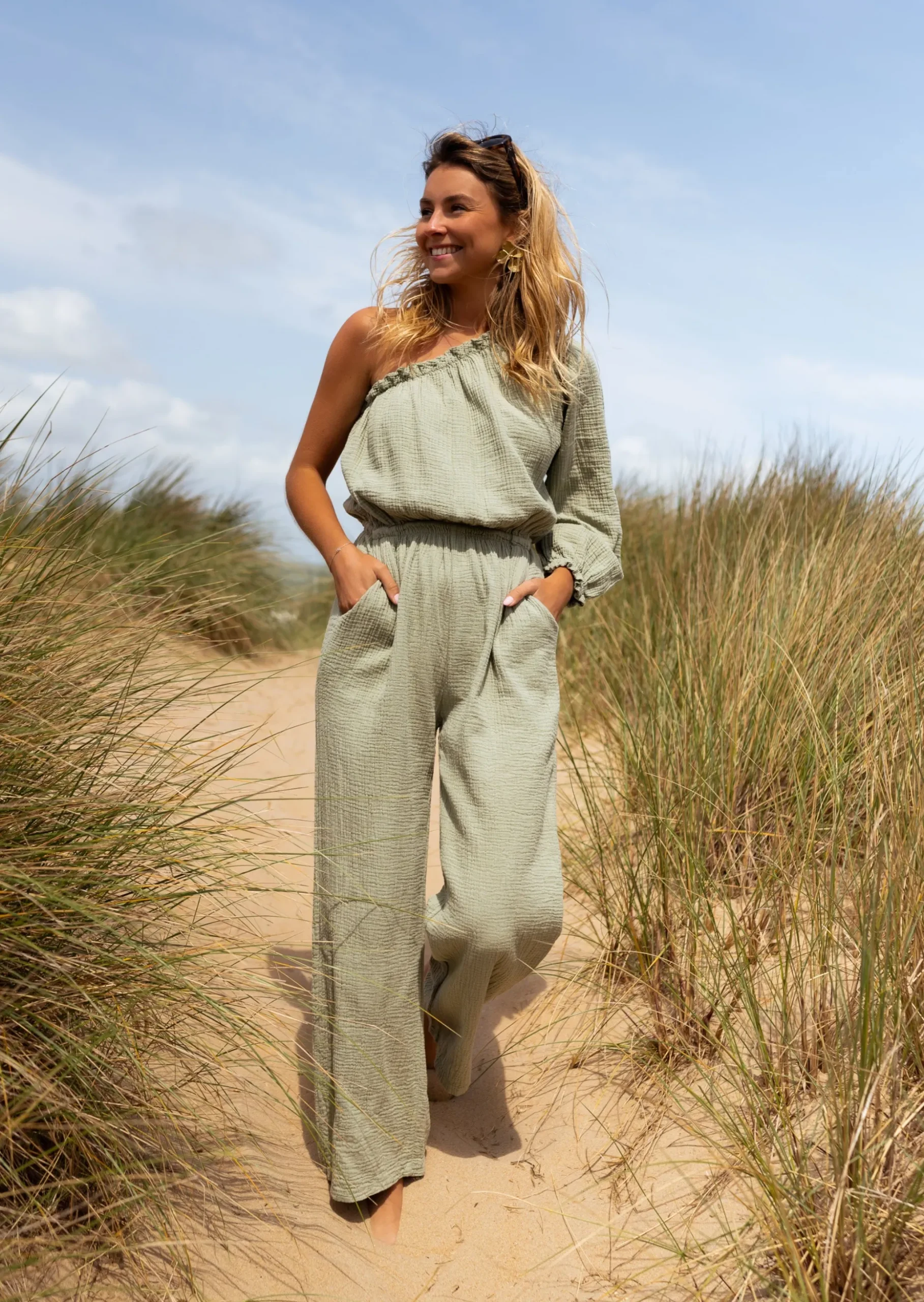 Sale Combinaison Amadéo kaki en gaze de coton | Combinaison uni manche | Prêt-à-porter en ligne | Easy Clothes Femme Combinaisons