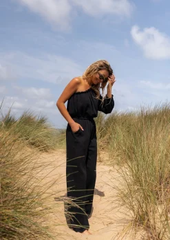 Outlet Combinaison Amadéo noire en gaze de coton | Combinaison uni manche | Prêt-à-porter en ligne | Easy Clothes Femme Combinaisons