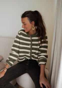 Fashion Gilet Bruce - Lignes Kakis & Beiges - Boutons Dorés DétachablesEasy Clothes Femme Pulls & Gilets