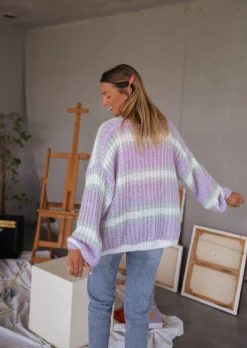 Best Sale Gilet Janet mauve, écru et vert | Gilet Bernadette ligné | Prêt-à-porter en ligne | Easy Clothes Femme Pulls & Gilets