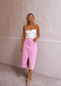 Clearance Jupe Perdita - En Jeans Rose - Mi Longue - Légèrement FendueEasy Clothes Femme Jupes & Shorts