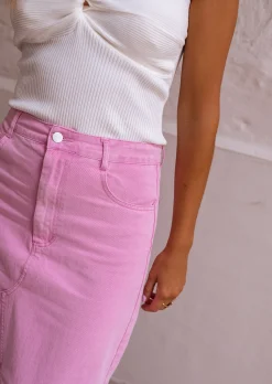 Clearance Jupe Perdita - En Jeans Rose - Mi Longue - Légèrement FendueEasy Clothes Femme Jupes & Shorts