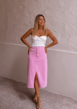 Clearance Jupe Perdita - En Jeans Rose - Mi Longue - Légèrement FendueEasy Clothes Femme Jupes & Shorts