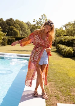 Discount Kimono Omera rose et orange à motifs | Kimono de plage | Prêt-à-porter en ligne | Easy Clothes Femme Body & Lingerie