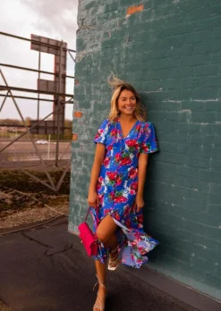 Clearance Robe Dana bleue à fleurs | Robe fendue à fleurs | Prêt-à-porter en ligne | Easy Clothes Femme Robes