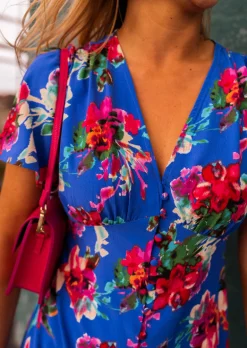 Clearance Robe Dana bleue à fleurs | Robe fendue à fleurs | Prêt-à-porter en ligne | Easy Clothes Femme Robes