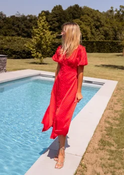 Hot Robe longue Baya rose à pois | Robe rouge midi | Prêt-à-porter en ligne | Easy Clothes Femme Robes