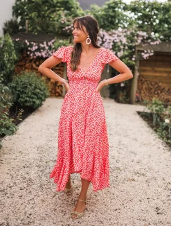 Cheap Robe longue Jackie - rouge à fleurs blanchesEasy Clothes Femme Robes