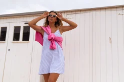 Sale Robe Lovy en éponge bleu et écru à lignes | Robe de plage courte | Prêt-à-porter en ligne | Easy Clothes Femme Robes