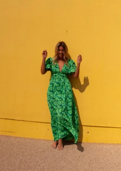 Clearance Robe Tiphaine verte à motifs | Robe longue dos nu | Prêt-à-porter en ligne | Easy Clothes Femme Robes