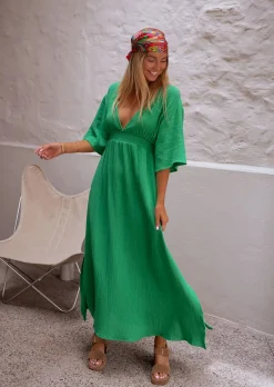 Best Robe Verte Pamela - Gaze De Coton - Col V Profond - FluideEasy Clothes Femme Robes