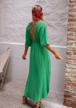 Best Robe Verte Pamela - Gaze De Coton - Col V Profond - FluideEasy Clothes Femme Robes