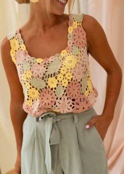 Best Sale Top En Crochet Floryne - Rose, Jaune & Kaki - Vêtements Femme ÉtéEasy Clothes Femme Tops & T-shirts